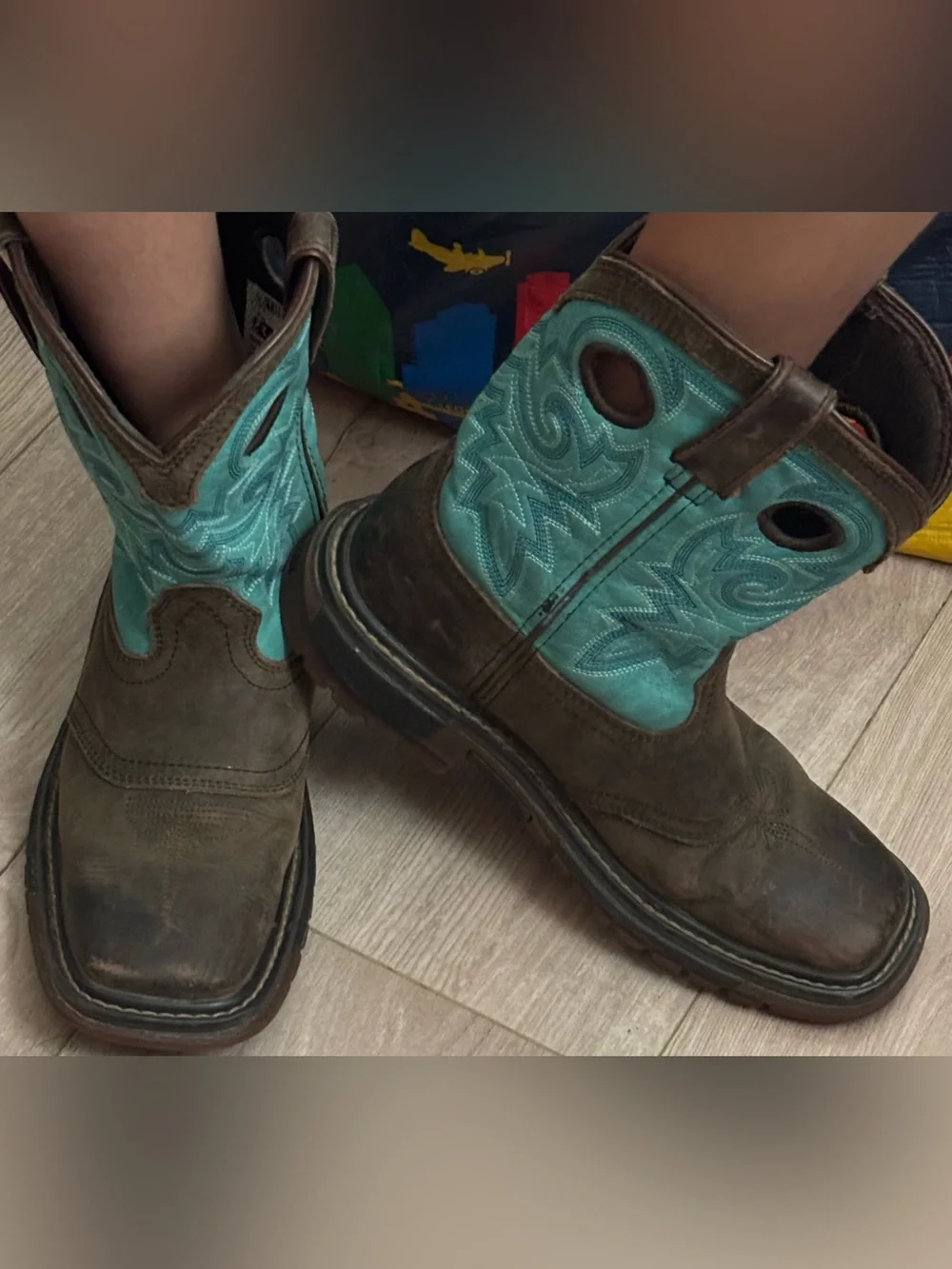 Rocky Brown and Turquoise Kids Pull-On Western Boots